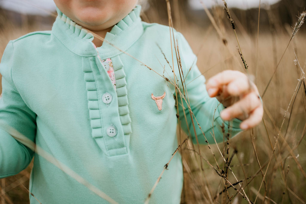 "Jill Jnr" Lush Mint Contrast Long Sleeve Polo-Little Windmill Clothing Co