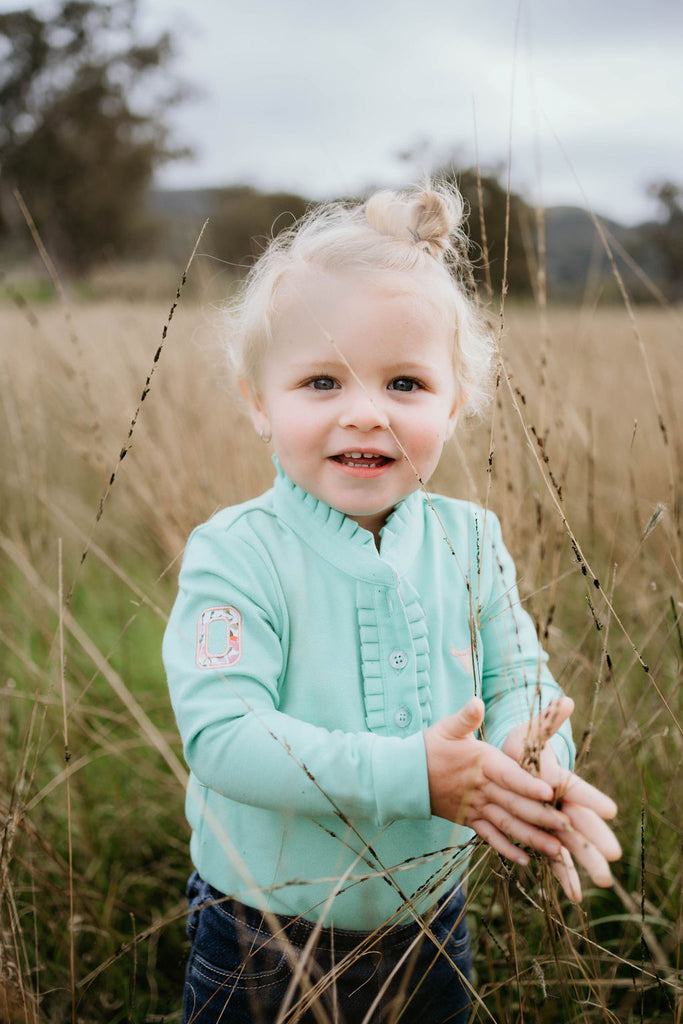 "Jill Baby" Lush Mint Contrast Long Sleeve Baby Polo Romper-Little Windmill Clothing Co