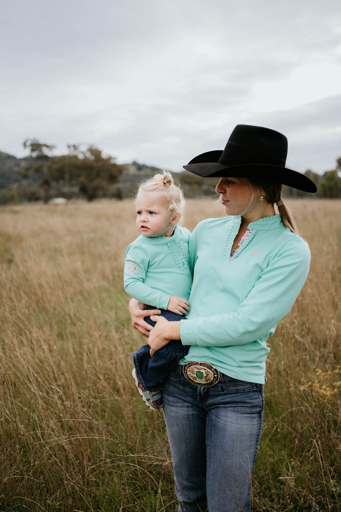 "Jill Baby" Lush Mint Contrast Long Sleeve Baby Polo Romper-Little Windmill Clothing Co