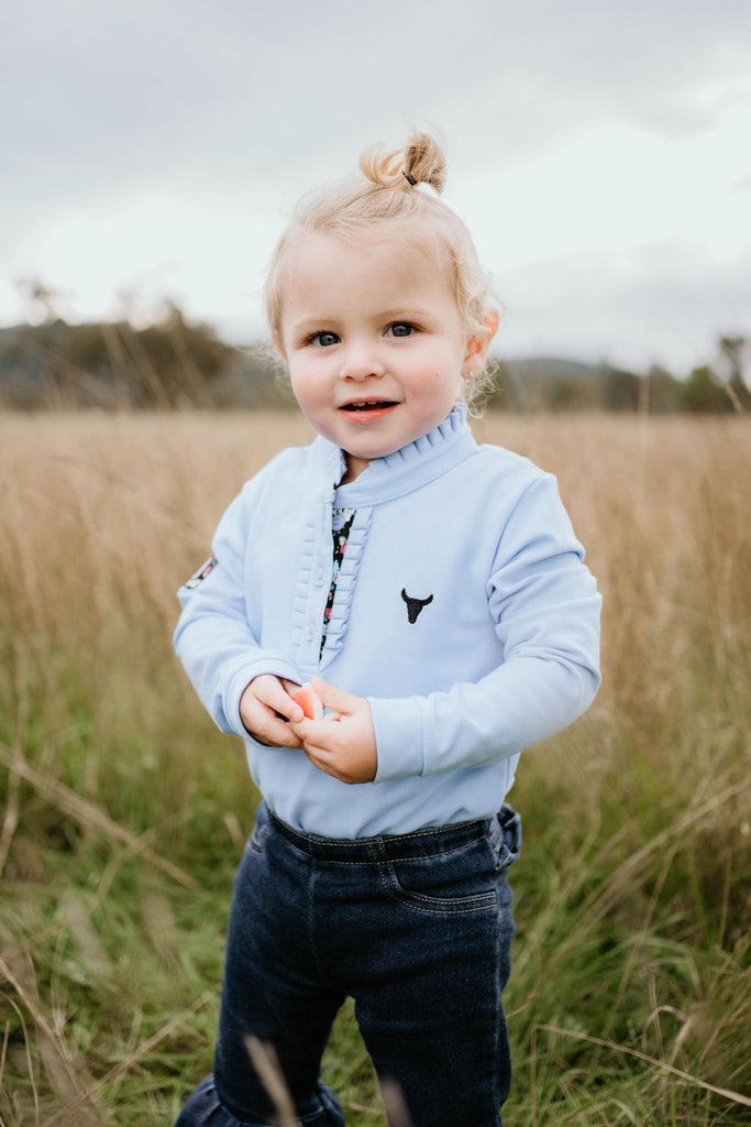 "Emily Baby" Soft Baby Blue Contrast Long Sleeve Baby Polo Romper-Little Windmill Clothing Co