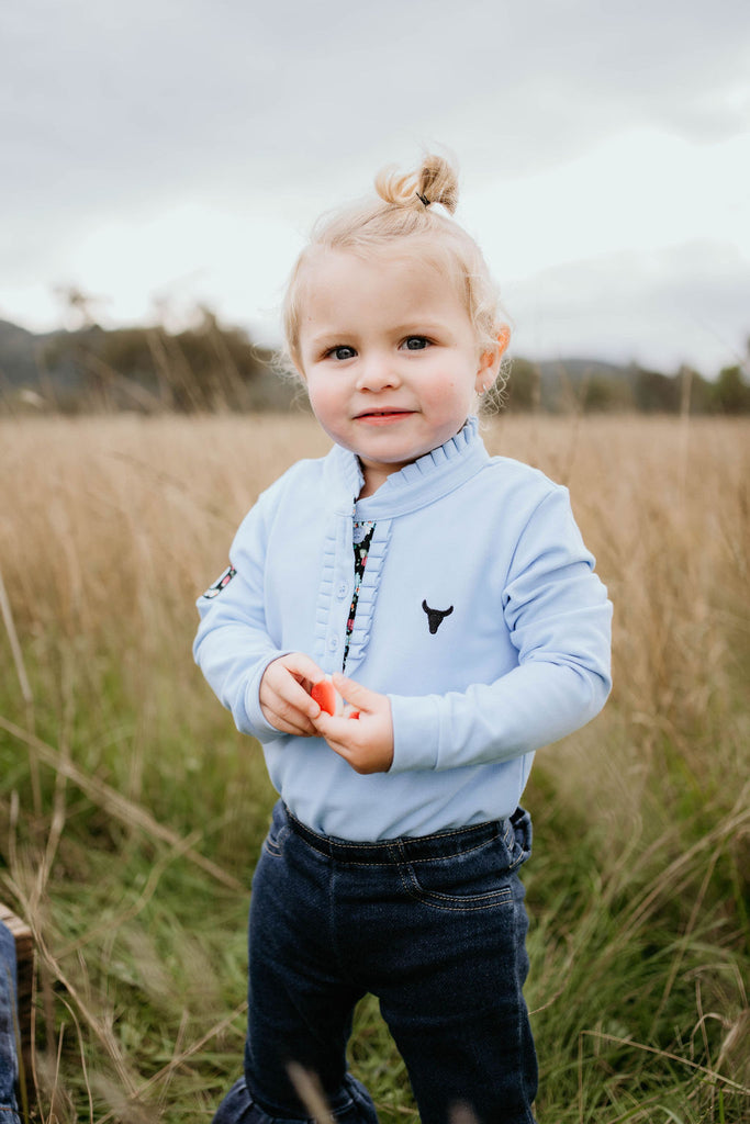 "Emily Baby" Soft Baby Blue Contrast Long Sleeve Baby Polo Romper-Little Windmill Clothing Co