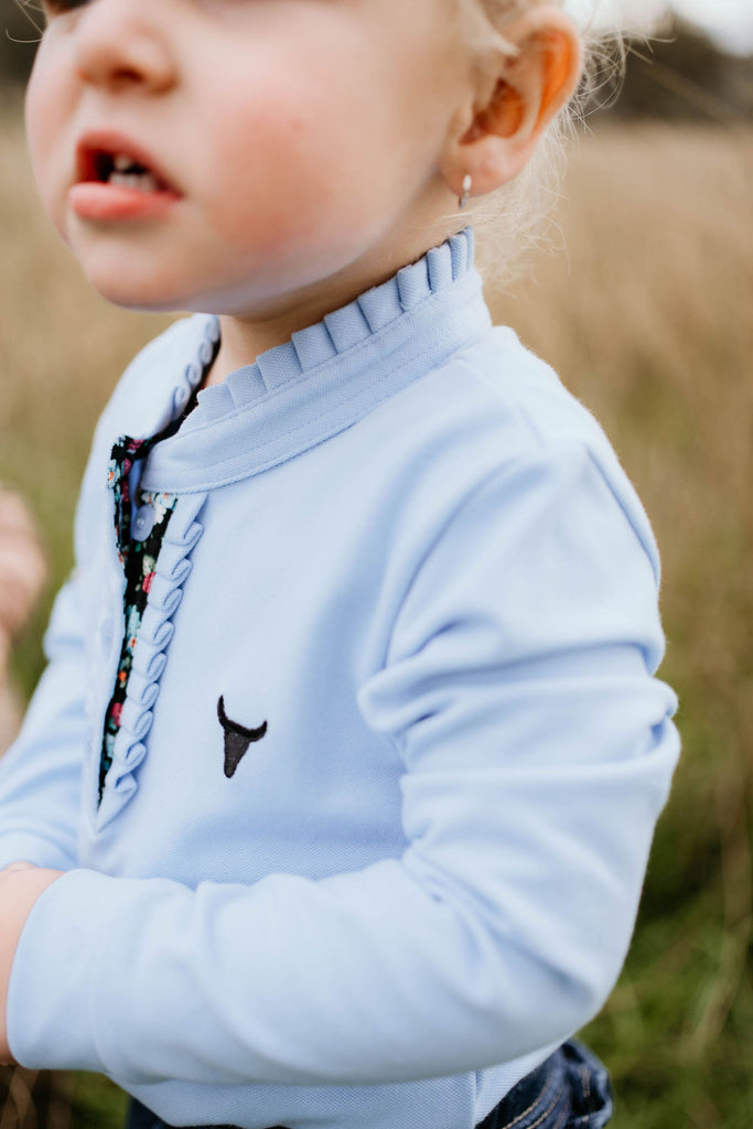 "Emily Baby" Soft Baby Blue Contrast Long Sleeve Baby Polo Romper-Little Windmill Clothing Co