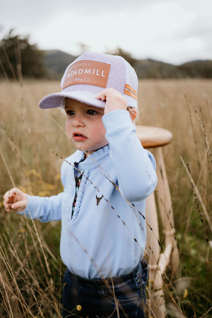 "Emily Baby" Soft Baby Blue Contrast Long Sleeve Baby Polo Romper-Little Windmill Clothing Co