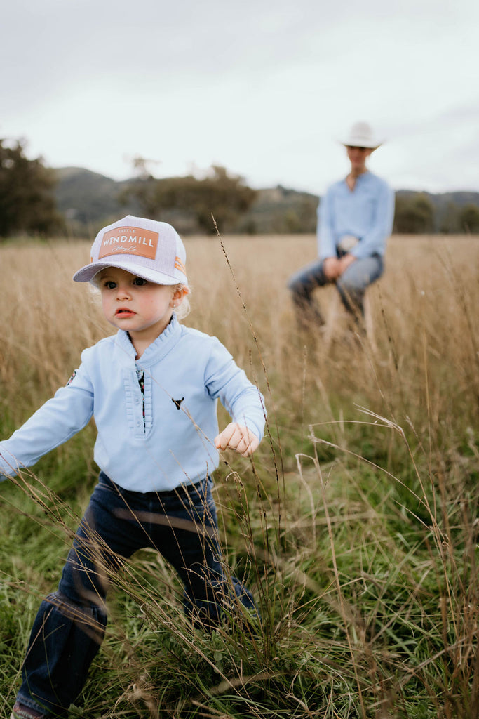 "Emily Baby" Soft Baby Blue Contrast Long Sleeve Baby Polo Romper-Little Windmill Clothing Co