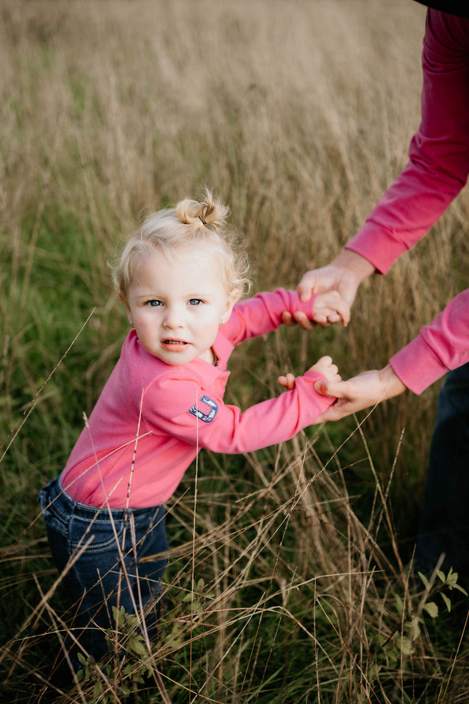 "Hallie Baby" Raspberry Pink Contrast Long Sleeve Baby Polo Romper-Little Windmill Clothing Co