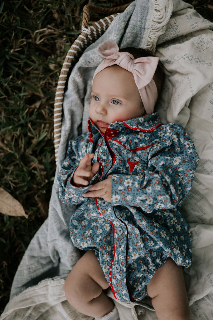 "Paris Baby" Floral Blues and Red Collar Long Sleeve Romper-Little Windmill Clothing Co