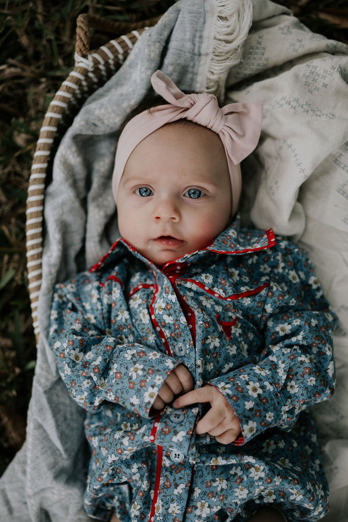 "Paris Baby" Floral Blues and Red Collar Long Sleeve Romper-Little Windmill Clothing Co