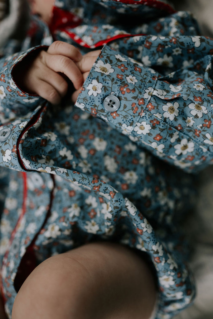 "Paris Baby" Floral Blues and Red Collar Long Sleeve Romper-Little Windmill Clothing Co