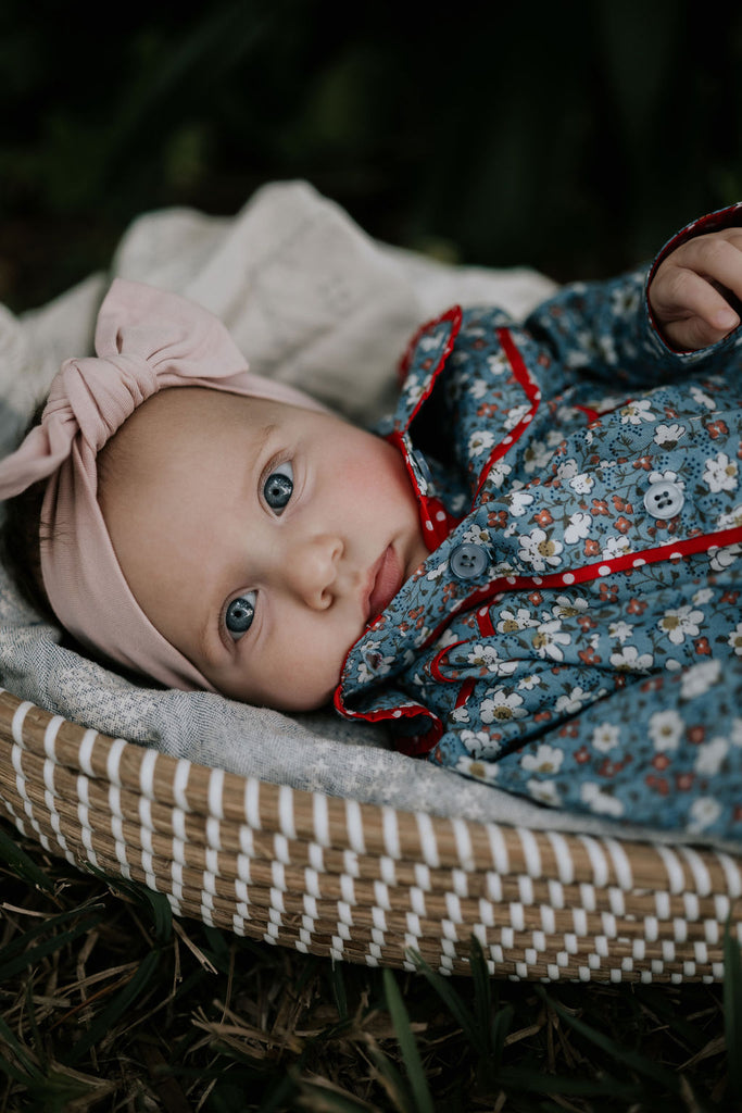 "Paris Baby" Floral Blues and Red Collar Long Sleeve Romper-Little Windmill Clothing Co