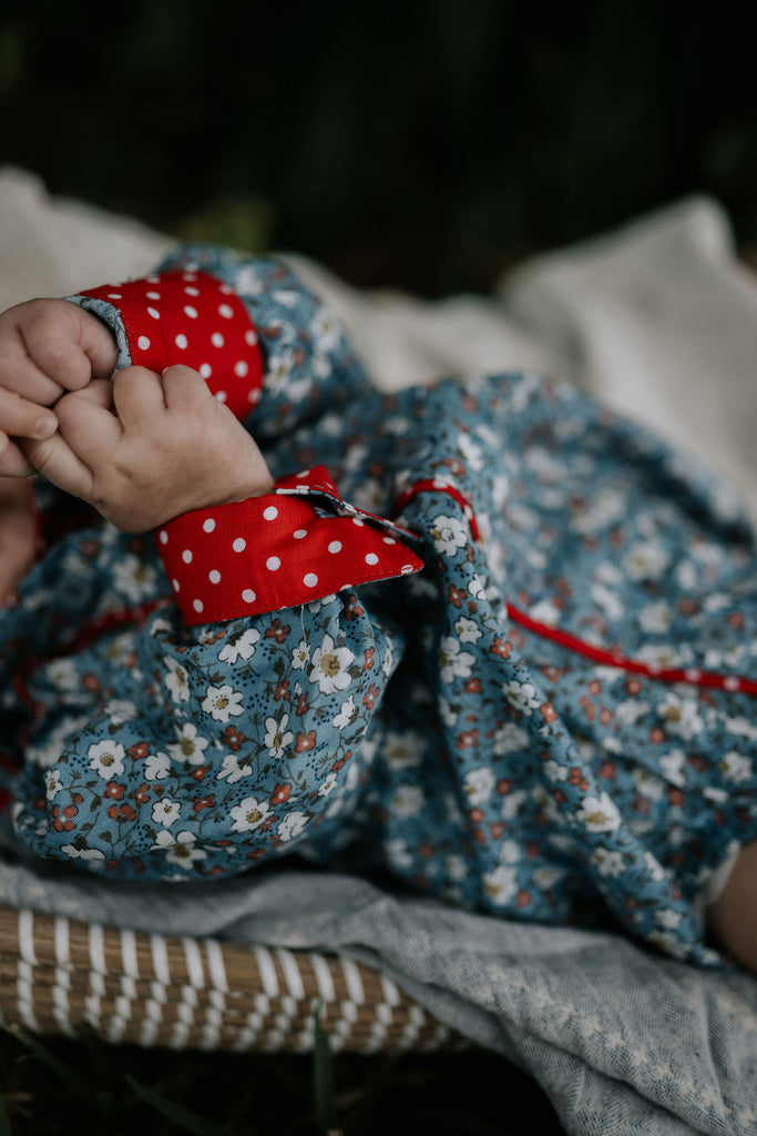 "Paris Baby" Floral Blues and Red Collar Long Sleeve Romper-Little Windmill Clothing Co