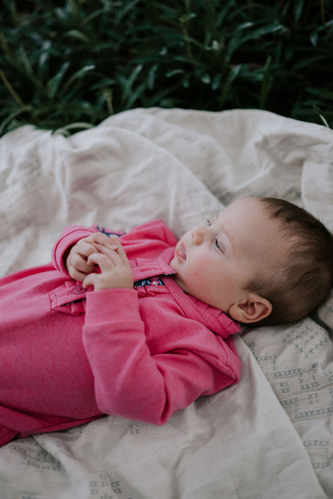 "Hallie Baby" Raspberry Pink Contrast Long Sleeve Baby Polo Romper-Little Windmill Clothing Co