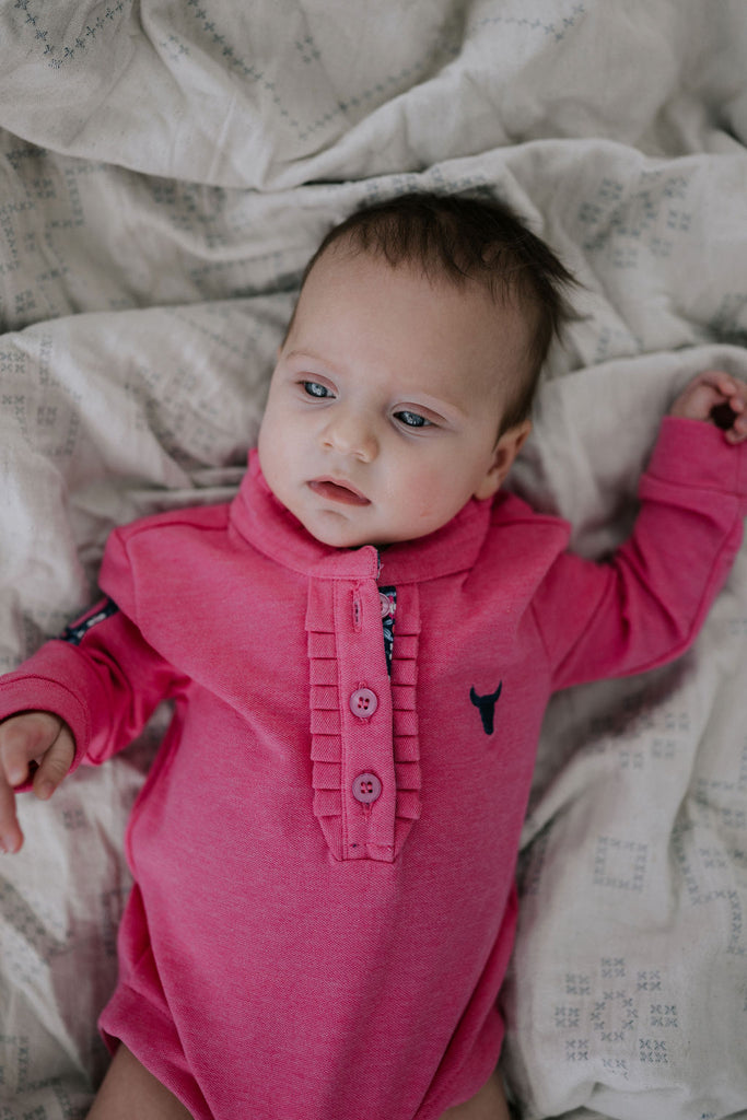 "Hallie Baby" Raspberry Pink Contrast Long Sleeve Baby Polo Romper-Little Windmill Clothing Co