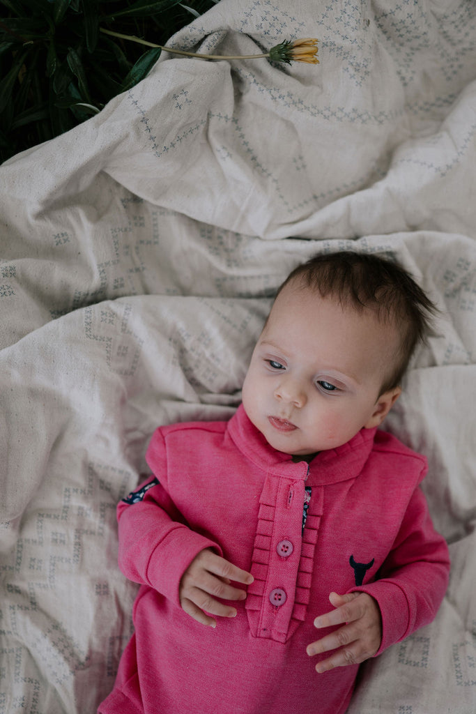 "Hallie Baby" Raspberry Pink Contrast Long Sleeve Baby Polo Romper-Little Windmill Clothing Co