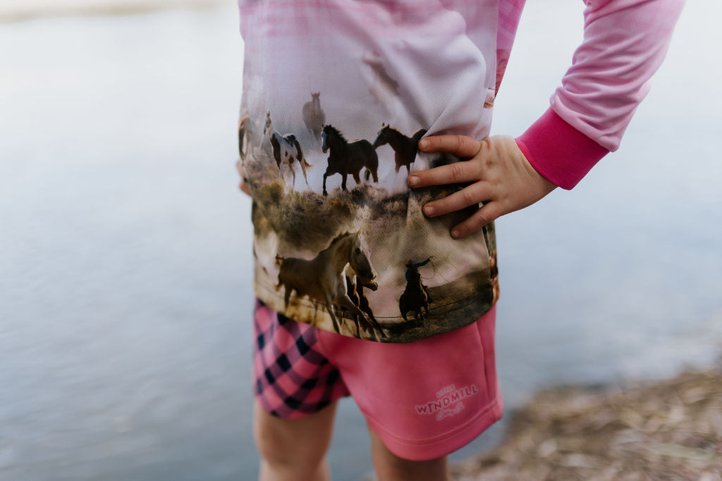 Horses Running Fishing Long Sleeve Shirt-Little Windmill Clothing Co