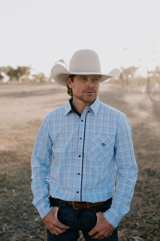 "Charles Guy" Blue Classic Gingham Men's Button Down Shirt-Little Windmill Clothing Co