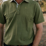 Olive Guy green men's polo back view showing relaxed country fit and olive green colour