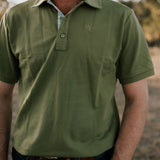 Olive Guy green men's polo back view showing relaxed country fit and olive green colour