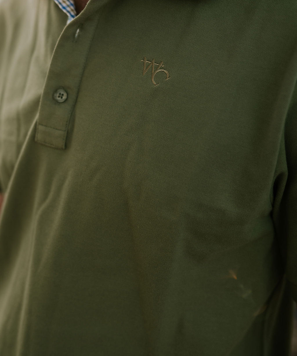 Olive Guy green men's contrast polo shirt front view showing olive green with contrast collar