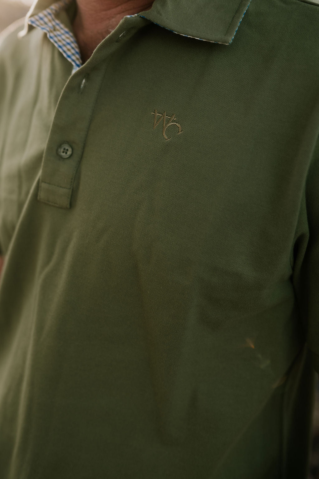 Olive Guy green men's contrast polo shirt front view showing olive green with contrast collar