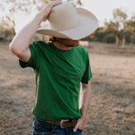 WC Printed Men's Tee Lime on model showing vibrant country casual style