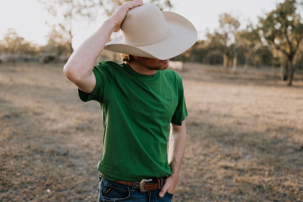 WC Printed Men's Tee Lime on model showing vibrant country casual style