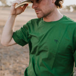 WC Printed Men's Tee Lime flat lay showing graphic print on lime green fabric