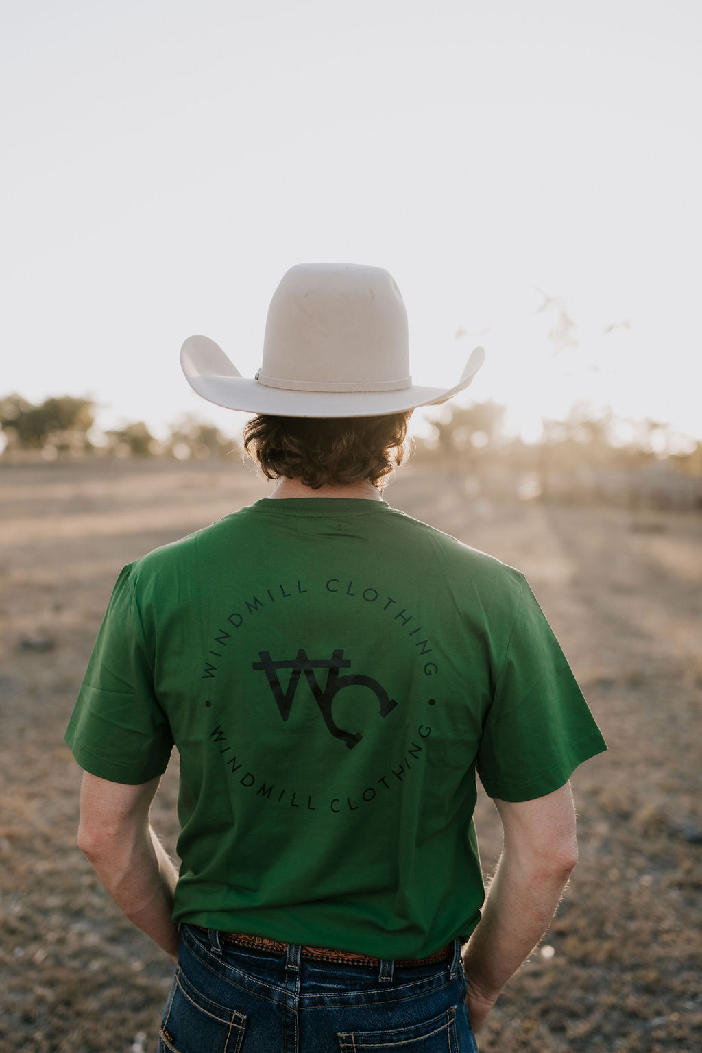 WC Printed Men's Tee Lime back view showing relaxed fit in bright lime green