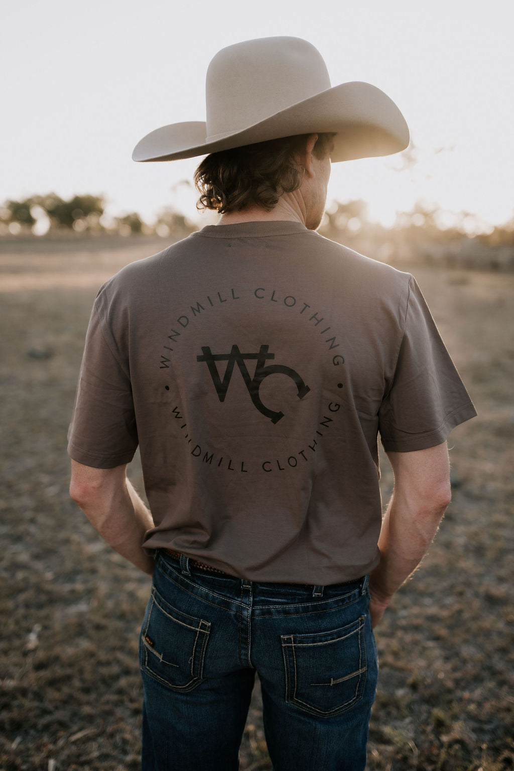 WC Printed Men's Tee Dust graphic detail close-up showing Windmill Co logo print