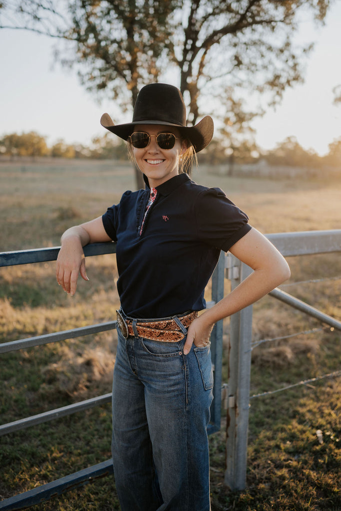 "Tanisha" Relax Fitted Women's Navy Floral Contrast Polo-Little Windmill Clothing Co