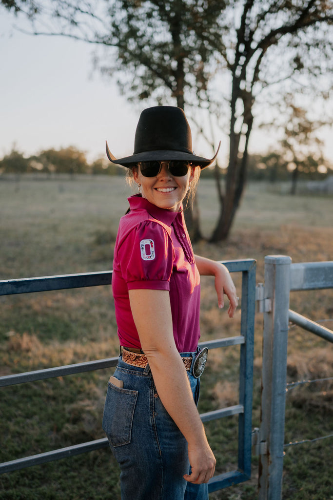 NURSING "Lilly" Relax Fitted Women's Raspberry Floral Contrast Polo-Little Windmill Clothing Co