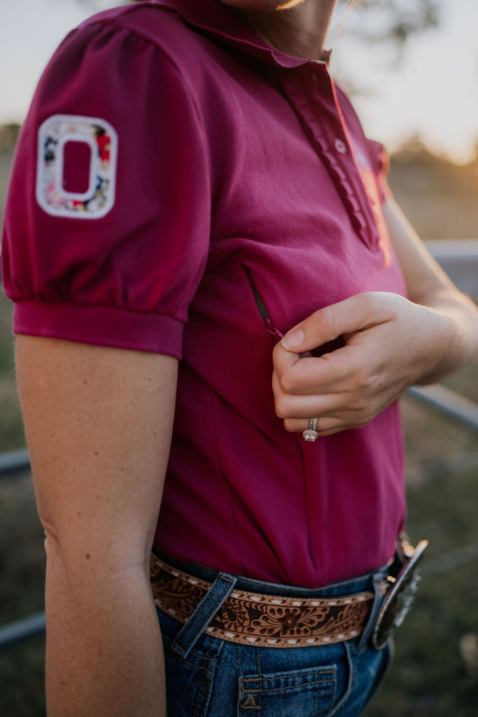 NURSING "Lilly" Relax Fitted Women's Raspberry Floral Contrast Polo-Little Windmill Clothing Co