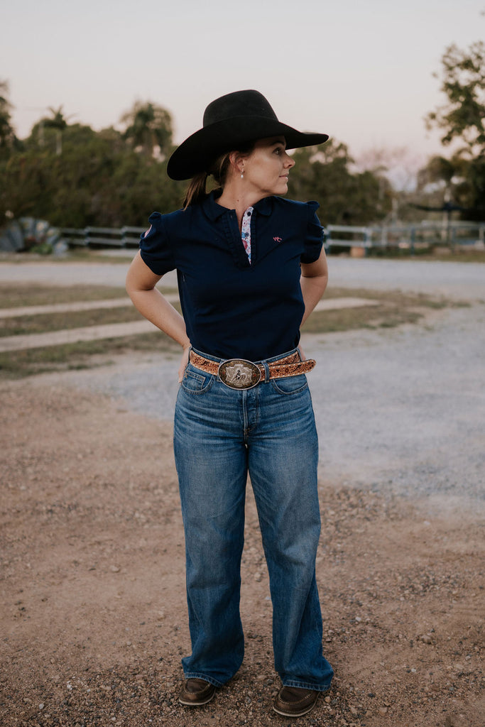 "Tanisha" Relax Fitted Women's Navy Floral Contrast Polo-Little Windmill Clothing Co