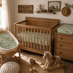 Country Outback fitted cot sheet detail showing outback print pattern and soft cotton finish