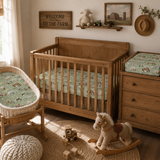 Country Outback fitted cot sheet detail showing outback print pattern and soft cotton finish