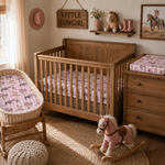 Cowgirl Life fitted cot sheet detail showing cowgirl print pattern and soft cotton finish