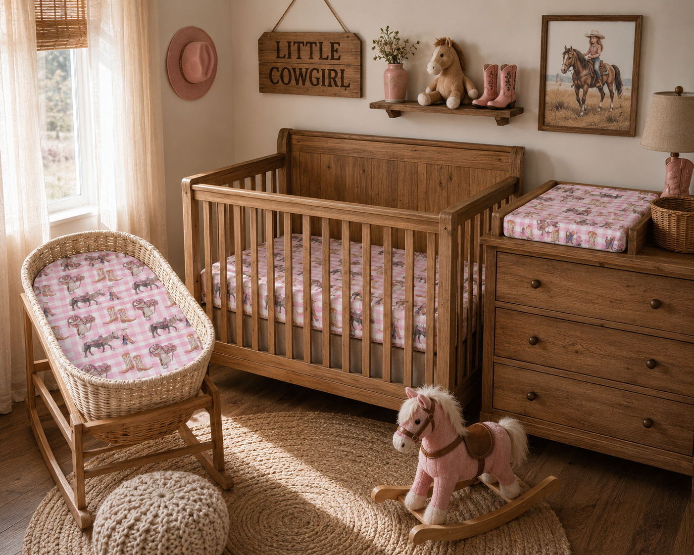 Cowgirl Life fitted cot sheet detail showing cowgirl print pattern and soft cotton finish