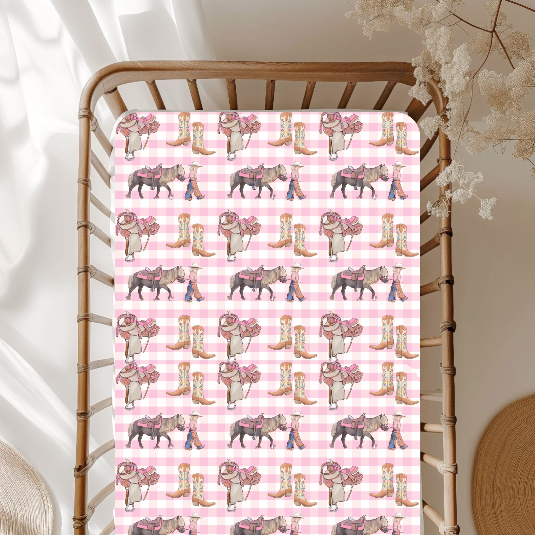 Cowgirl Life fitted cot sheet showing pretty cowgirl print for baby nursery