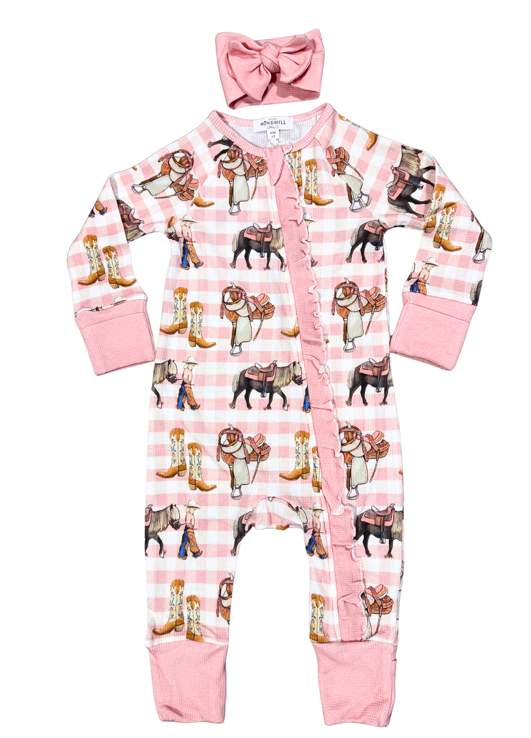 Cowgirl Waffle Cotton Onesie With Bow-Little Windmill Clothing Co