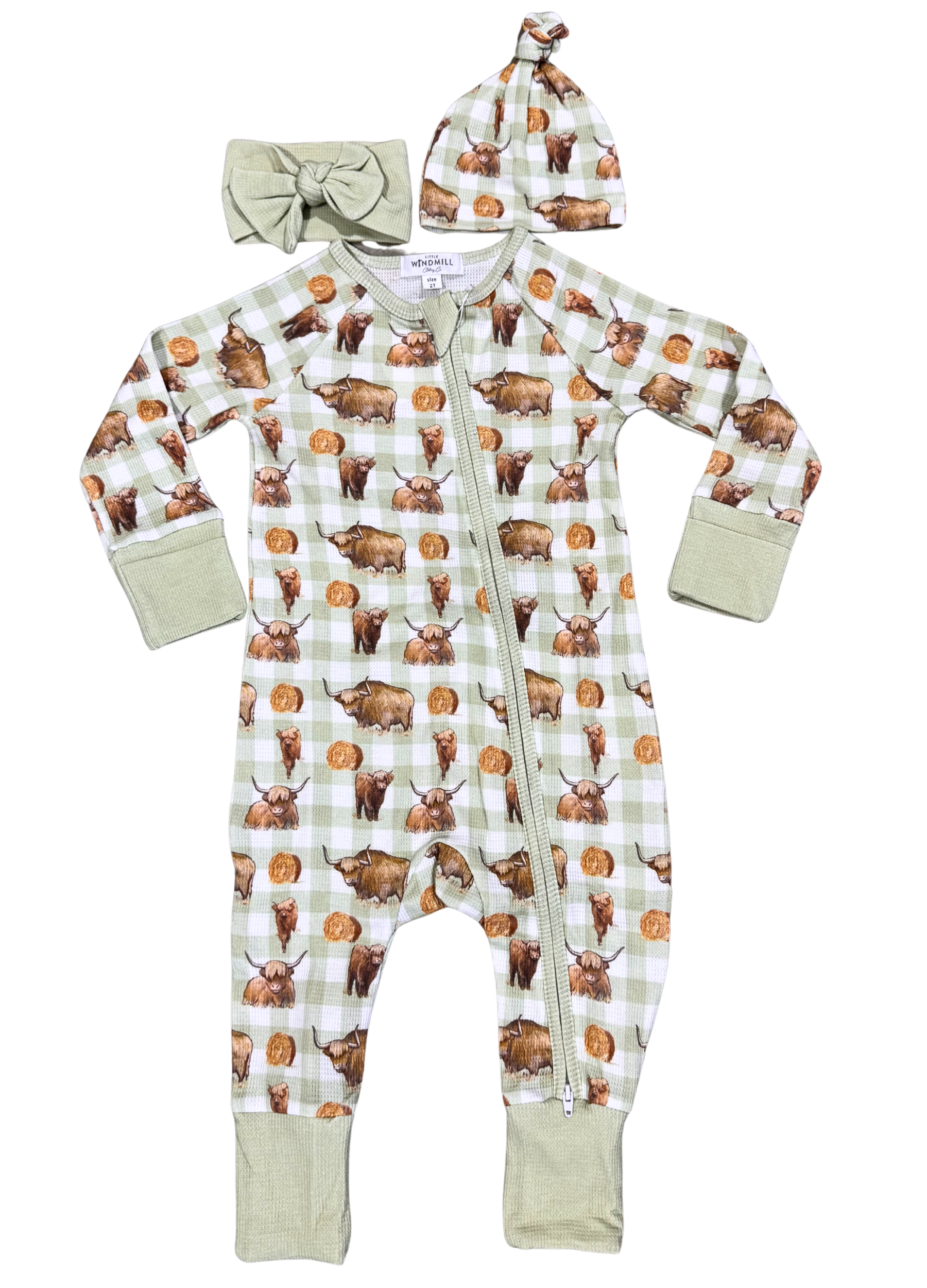 Highlander Waffle Cotton Onesie With Beanie & Bow-Little Windmill Clothing Co