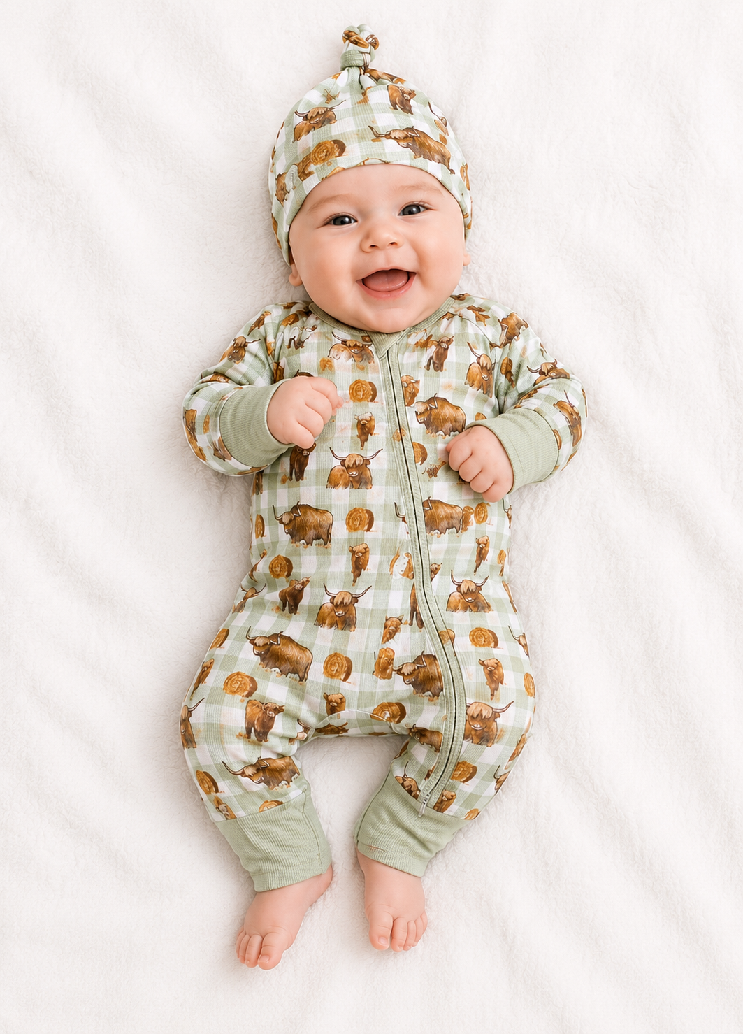 Highlander waffle cotton onesie with beanie and bow in Highland cow print