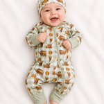 Highlander waffle cotton onesie with beanie and bow in Highland cow print