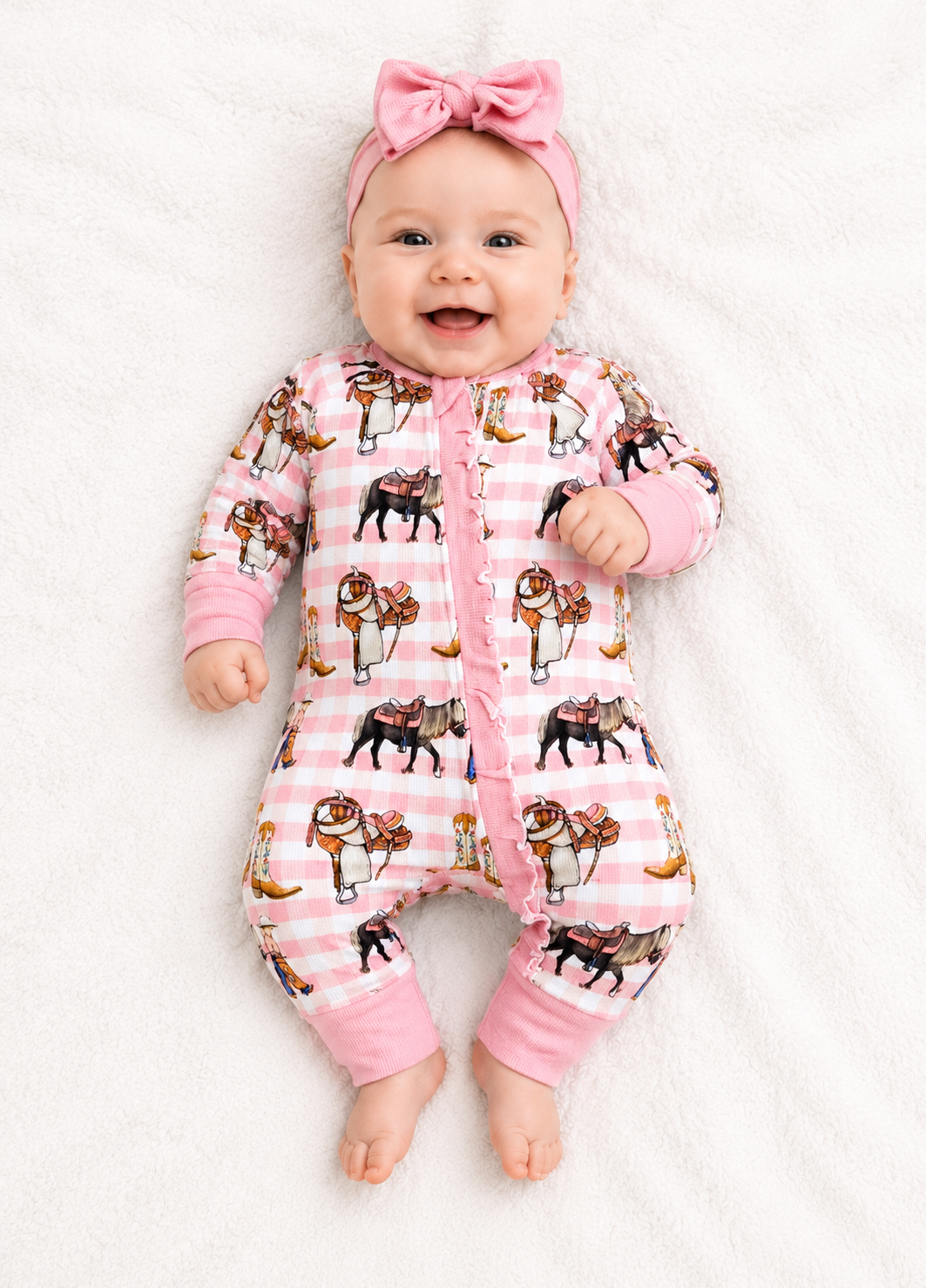 Cowgirl waffle cotton onesie with matching bow, soft warm baby onesie in country print