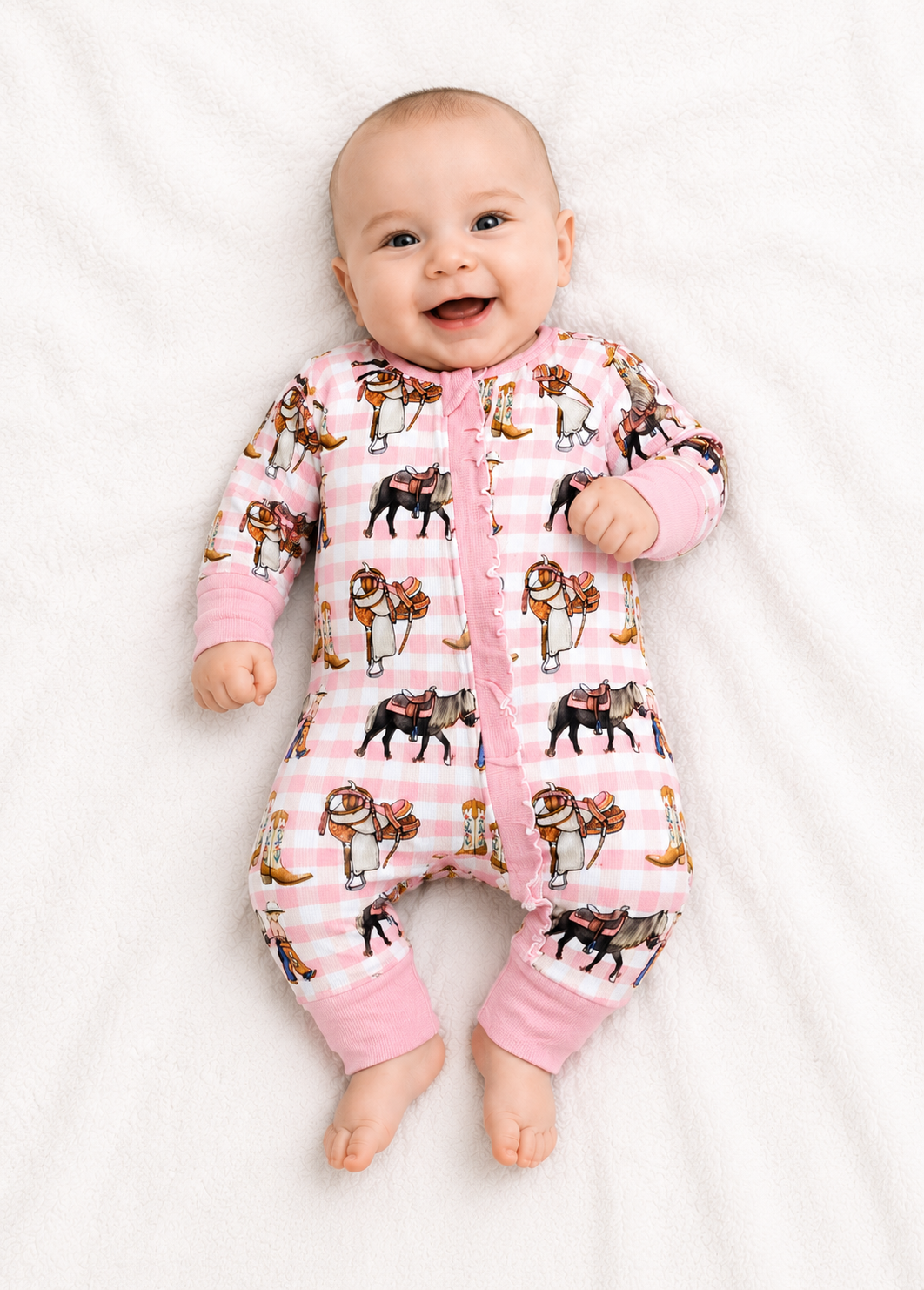 Cowgirl Waffle Cotton Onesie With Bow-Little Windmill Clothing Co