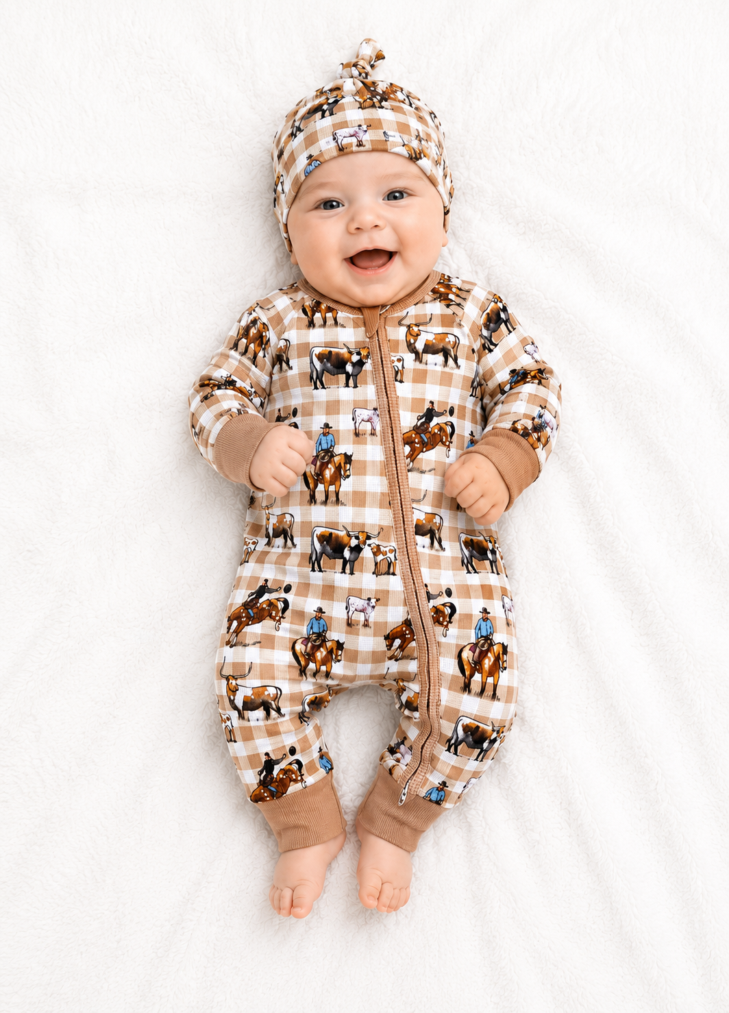 Cowboy waffle cotton onesie with matching beanie, soft warm baby onesie in country print