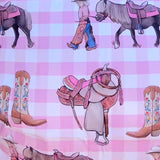 Cowgirl Life fitted cot sheet fabric close-up showing quality soft cotton cowgirl print