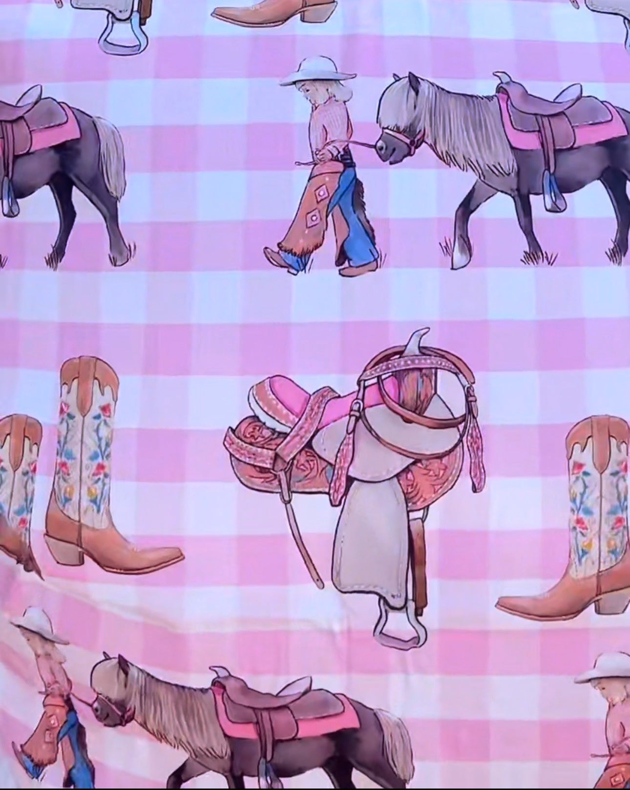 Cowgirl Life fitted cot sheet fabric close-up showing quality soft cotton cowgirl print