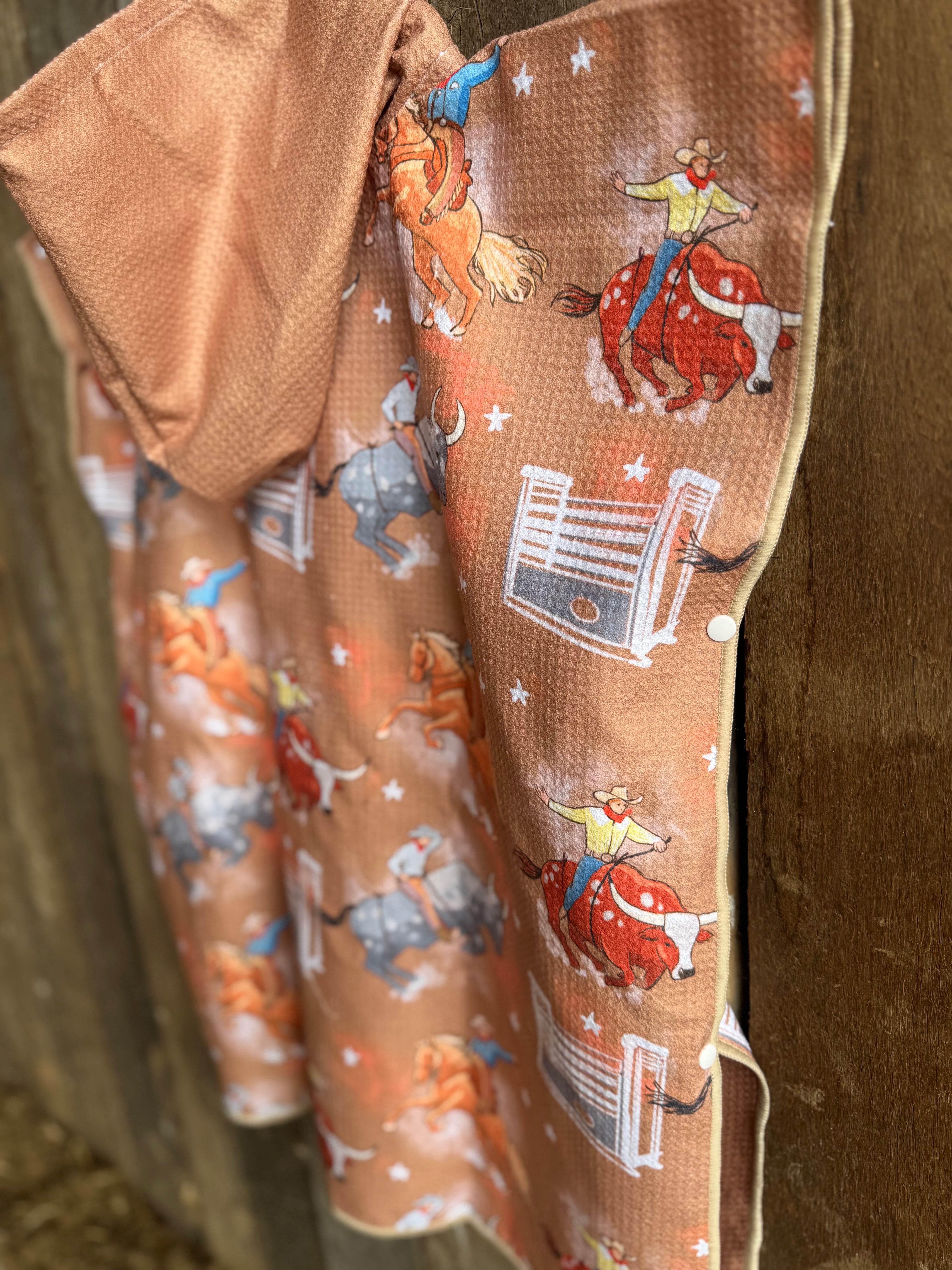 Bull Rider brown kids waffle towel flatlay showing full bull rider brown print waffle towel