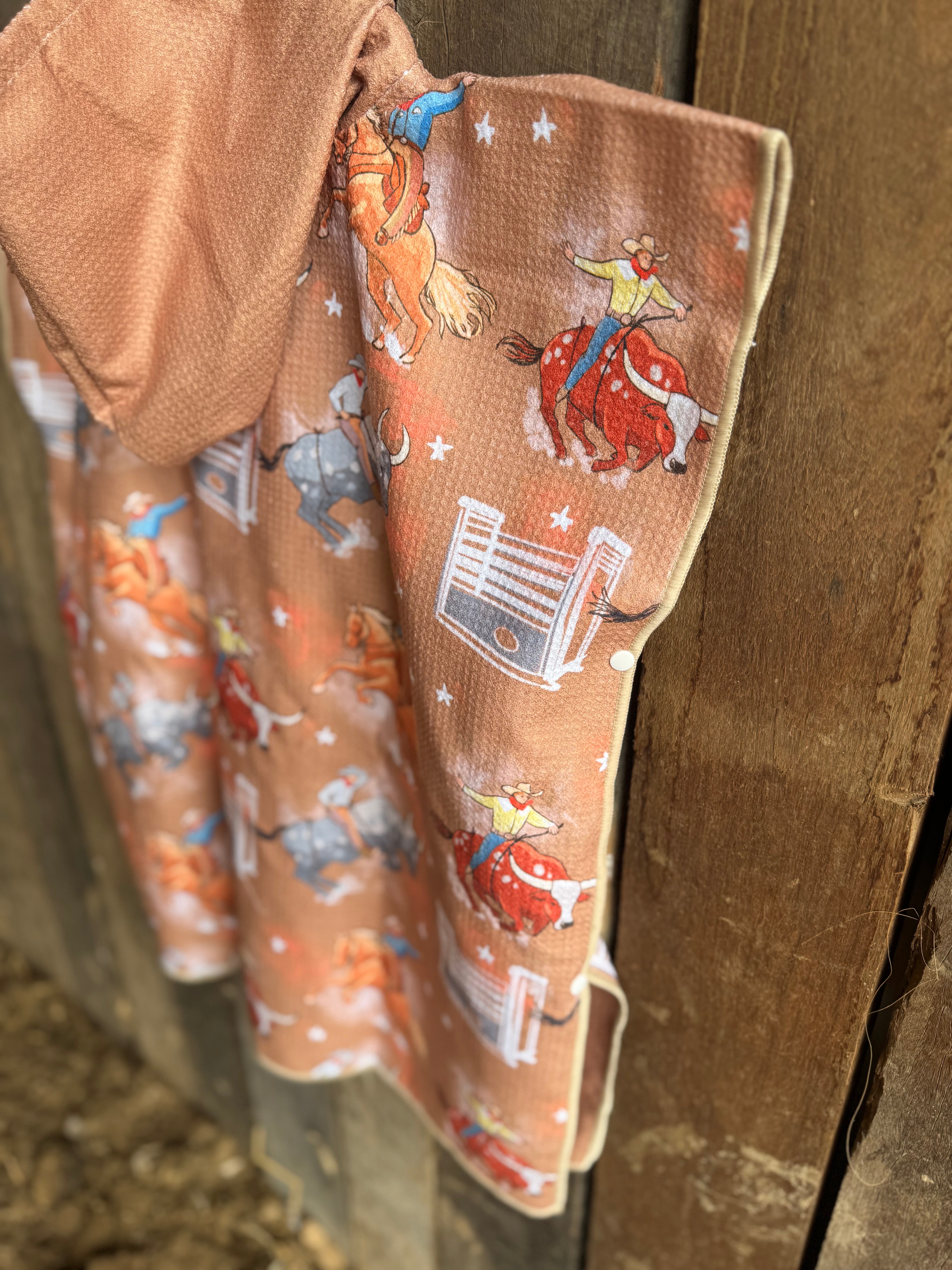 Bull Rider brown kids waffle towel fabric close-up showing quality soft waffle cotton texture