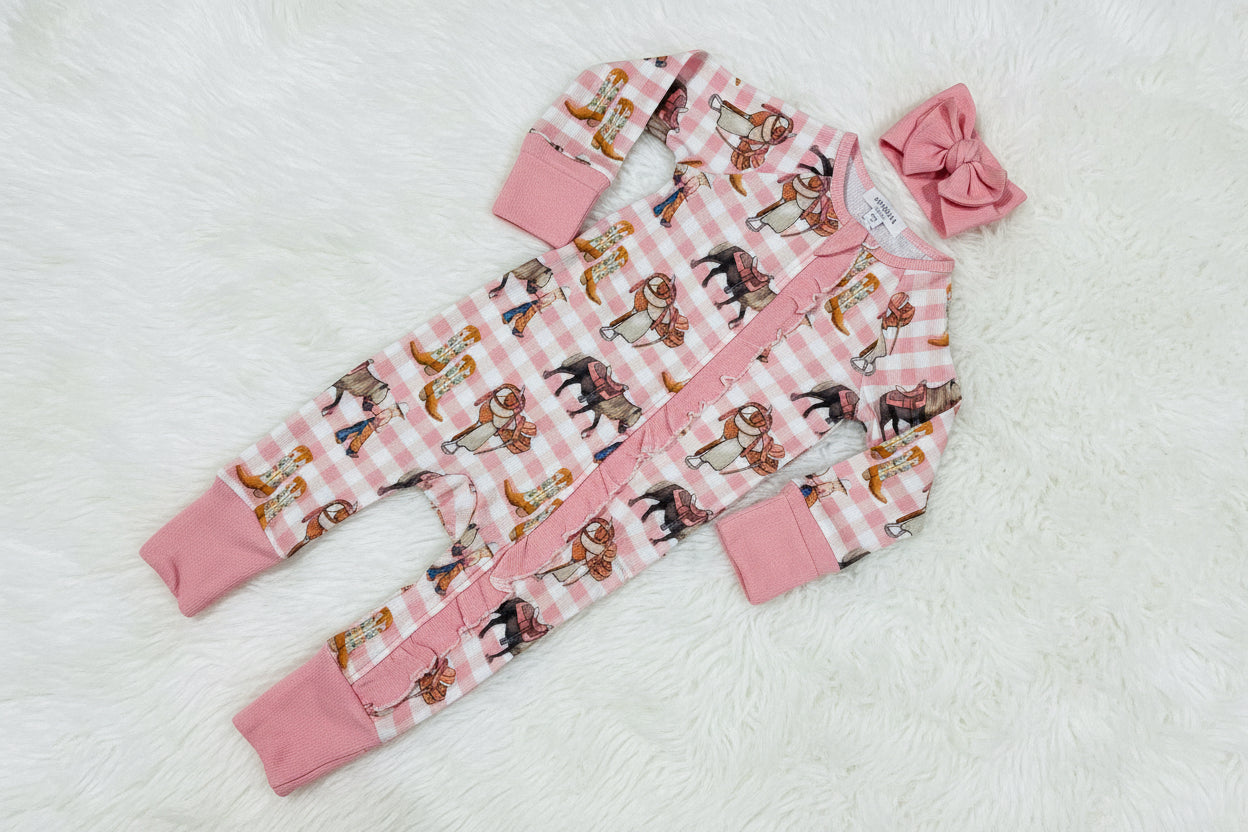 Cowgirl Waffle Cotton Onesie With Bow-Little Windmill Clothing Co