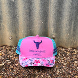 Toddlers and youth teal flower power cap showing bold teal floral pattern in structured cap style
